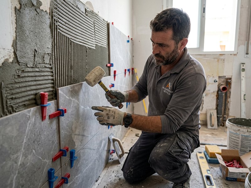 Alicatado y solado de baño con porcelánico en Sevilla
