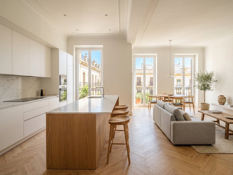 Cocina abierta al salón en vivienda de Sevilla